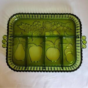 Vintage 1970Green Indiana glass fruit platter divided plate avocado pears grapes